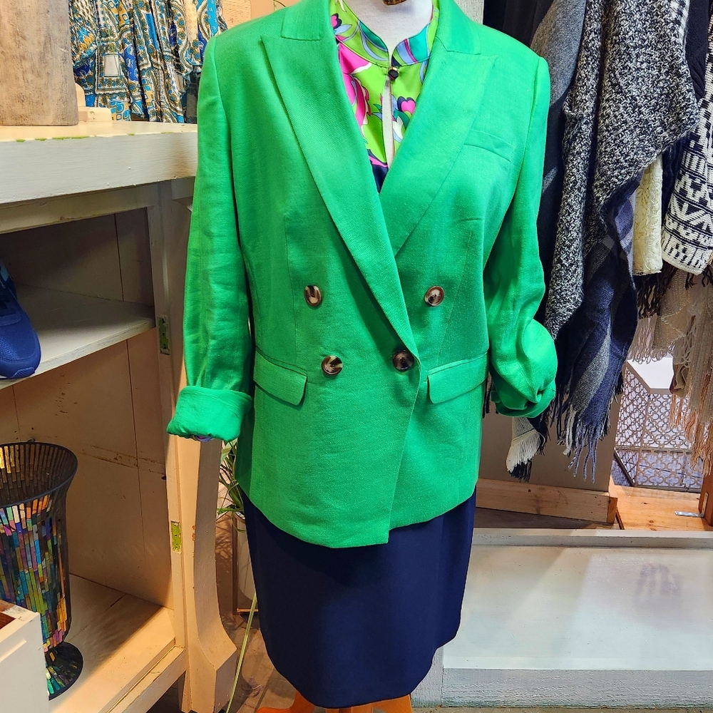 Elie Tahari Kelly Green Double-Breasted  Blazer Linen Blend Size 10 ST. PATTYS